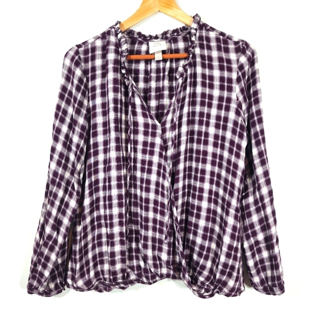 Knox Rose Merlot and White Plaid Faux Wrap Ruffled Neck Blouse Size Large